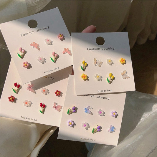 Wholesale Korean Cute Colorful Flower Butterfly Stud Earrings For Women Girls Sweet Weekly Daliy Oorbellen Jewelry