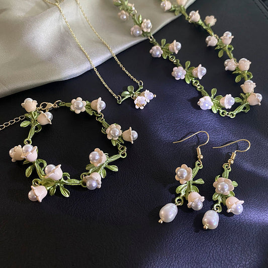 White Lily of The Valley Bracelet Earrings Necklace Super Fairy Stud Earrings Girls Clavicle Chain Flower Bracelet Jewelry Gifts