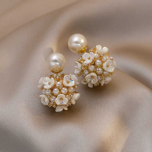 White Shell Flower Pearl Stud Earrings For Women Ball Double Side Elegant Earrings set Exquisite Vintage Fashion Jewelry