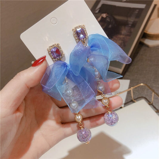 Korean Fashion Blue Chiffon Bow-knot Charm Drop Earring Wedding Jewelry For Women Chic Imitation Pearl Long Dangle brincos