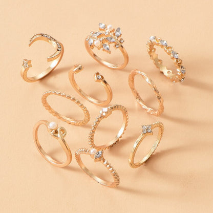 10 Pcs Bohemia Crystal Heart Flower Moon Star Opening Rings Set for Women Girls Fashion Geometric Twist Gold Pearl Ring Jewelry