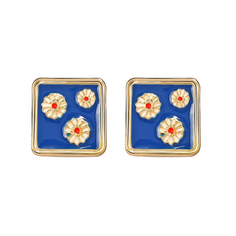 17KM Vintage Blue Daisy Stud Earring For Women Small Geometric Drip Oil Earrings Gift Fashion Tiny DIY Jewelry