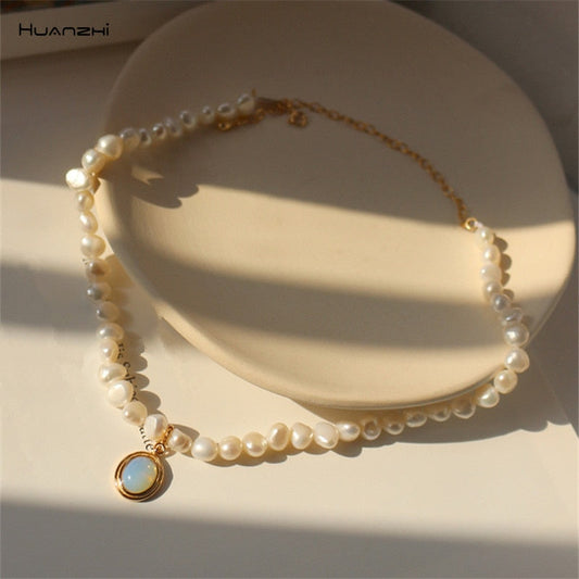 HUANZHI  New Baroque Freshwater Natural Pearl Moonstone Pendant Necklace Geometric Irregular for Women Girls Party Jewelry