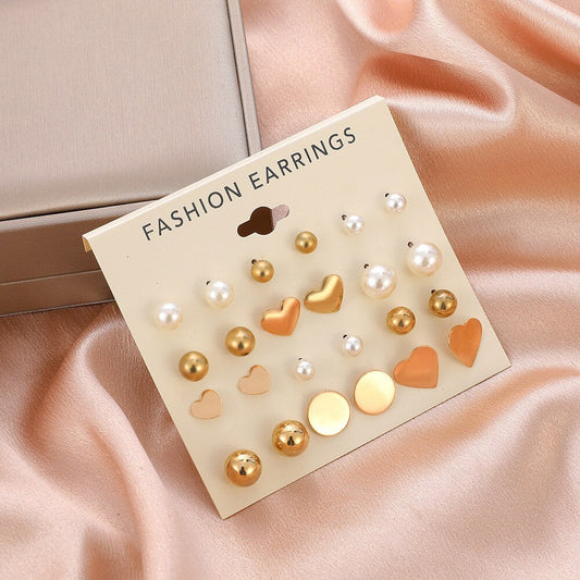 24pcs Women's Earrings Set Pearl Earrings for Women Bohemian Fashion Jewelry  Geometric Crystal Heart Stud Earrings