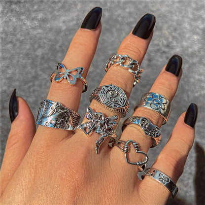 17KM Retro Silver Color Flower Butterfly Skull Rings Set For Women Men Punk Hiphop Animal Angel Wings Finger Rings Gift Jewelry