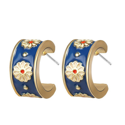 17KM Vintage Blue Daisy Stud Earring For Women Small Geometric Drip Oil Earrings Gift Fashion Tiny DIY Jewelry