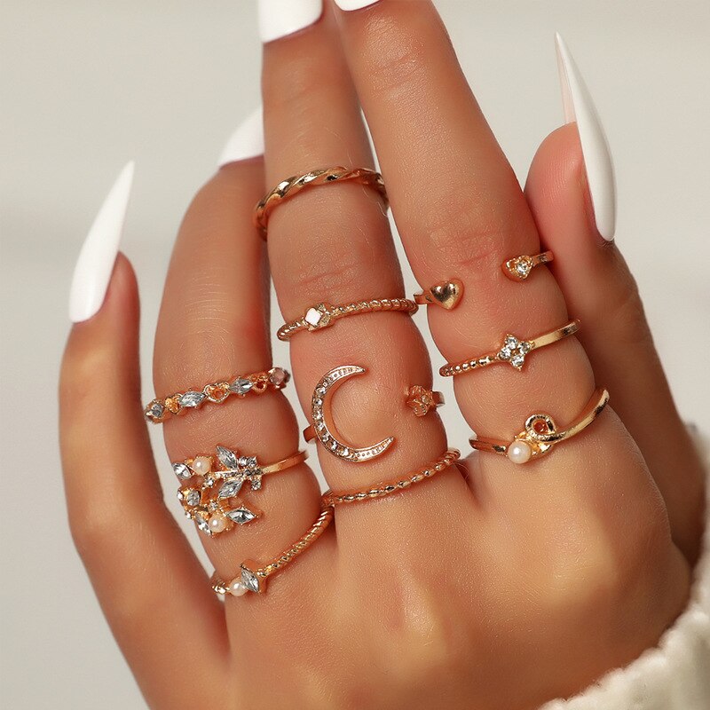 10 Pcs Bohemia Crystal Heart Flower Moon Star Opening Rings Set for Women Girls Fashion Geometric Twist Gold Pearl Ring Jewelry