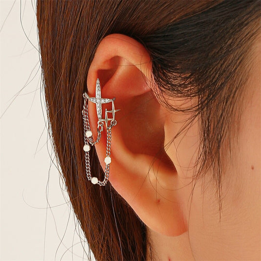 1pcs Earrings Jewelry Fashion Personality Ear Clip Diamond Tassel Cross Earrings for Women Gift Pendientes Ear Caught In Cuffs