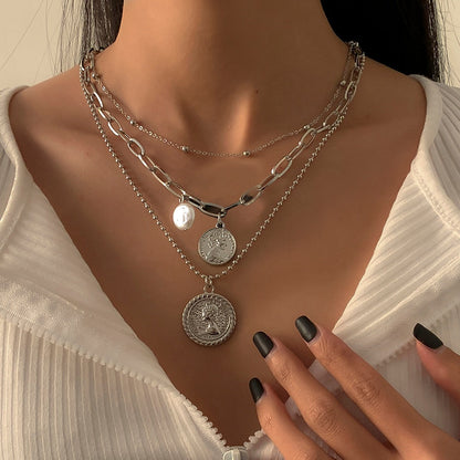 Goth Baroque Pearl Coin Portrait Pendant Necklace for Women Vintage Multi Layer Link Chain Necklace Punk Aesthetic Jewelry