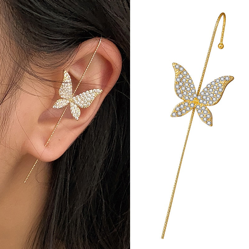 17KM Trendy Cubic Zirconia Butterfly Ear Wrap Crawler Crystal Stud Earrings For Woman Hook Earrings Climber Earring Jewelry