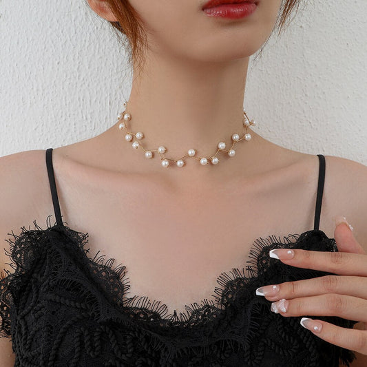 Lost Lady  New Women's Neck Chain Kpop Pearl Choker Necklace Gold Color Jewelry Clavicle Chain Elegant Collar For Girl