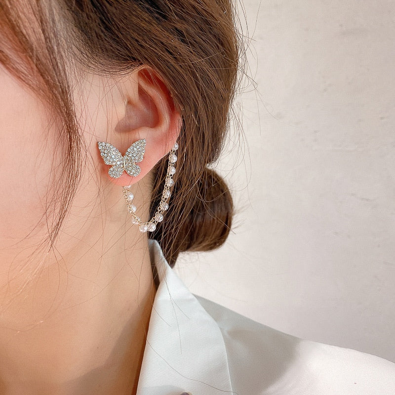 17KM Korean Asymmetrical Rhinestone Butterfly Drop Earrings For Women Girls Trendy Fashion Pearl Chain Earrings Jewelry Gifts