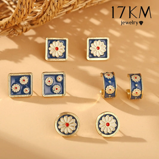 17KM Vintage Blue Daisy Stud Earring For Women Small Geometric Drip Oil Earrings Gift Fashion Tiny DIY Jewelry