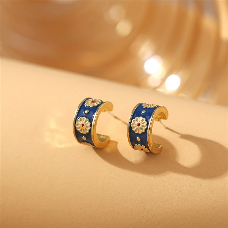 17KM Vintage Blue Daisy Stud Earring For Women Small Geometric Drip Oil Earrings Gift Fashion Tiny DIY Jewelry