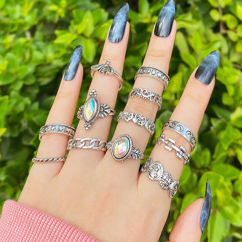 17KM Retro Silver Color Flower Butterfly Skull Rings Set For Women Men Punk Hiphop Animal Angel Wings Finger Rings Gift Jewelry