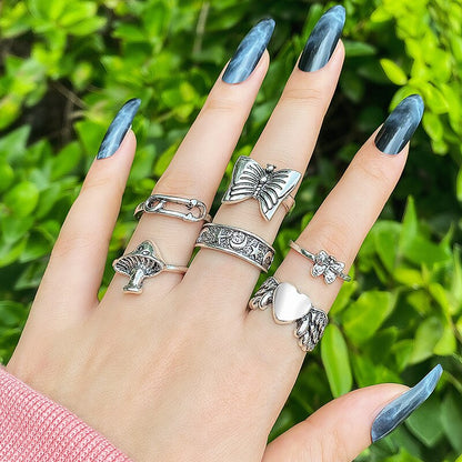 17KM Retro Silver Color Flower Butterfly Skull Rings Set For Women Men Punk Hiphop Animal Angel Wings Finger Rings Gift Jewelry