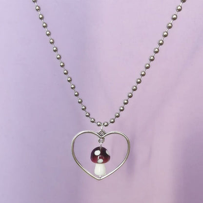 Harajuku Style Stainless Steel Round Beads Chain Femme Necklaces Punk Jewelry Heart Mushroom Pendant Necklaces For Women