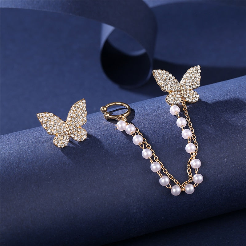 17KM Korean Asymmetrical Rhinestone Butterfly Drop Earrings For Women Girls Trendy Fashion Pearl Chain Earrings Jewelry Gifts