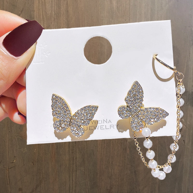 17KM Korean Asymmetrical Rhinestone Butterfly Drop Earrings For Women Girls Trendy Fashion Pearl Chain Earrings Jewelry Gifts