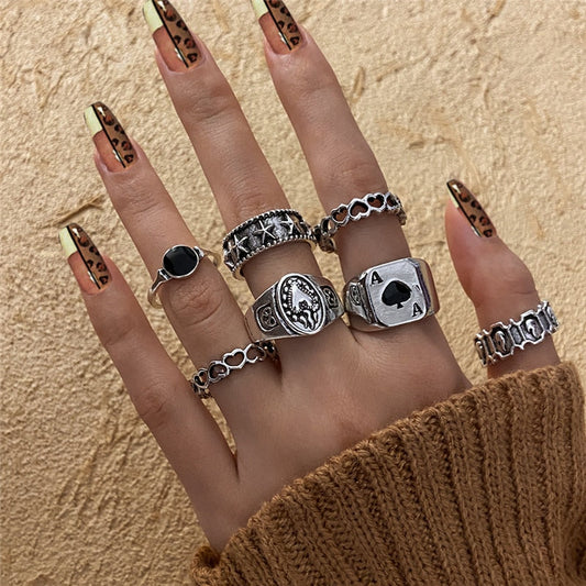 17KM Vintage Waves Cross Chain Rings Set For Women Punk Poker Infinity Flower Heart Finger Rings  Trend Jewelry Party