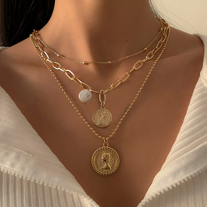 Goth Baroque Pearl Coin Portrait Pendant Necklace for Women Vintage Multi Layer Link Chain Necklace Punk Aesthetic Jewelry