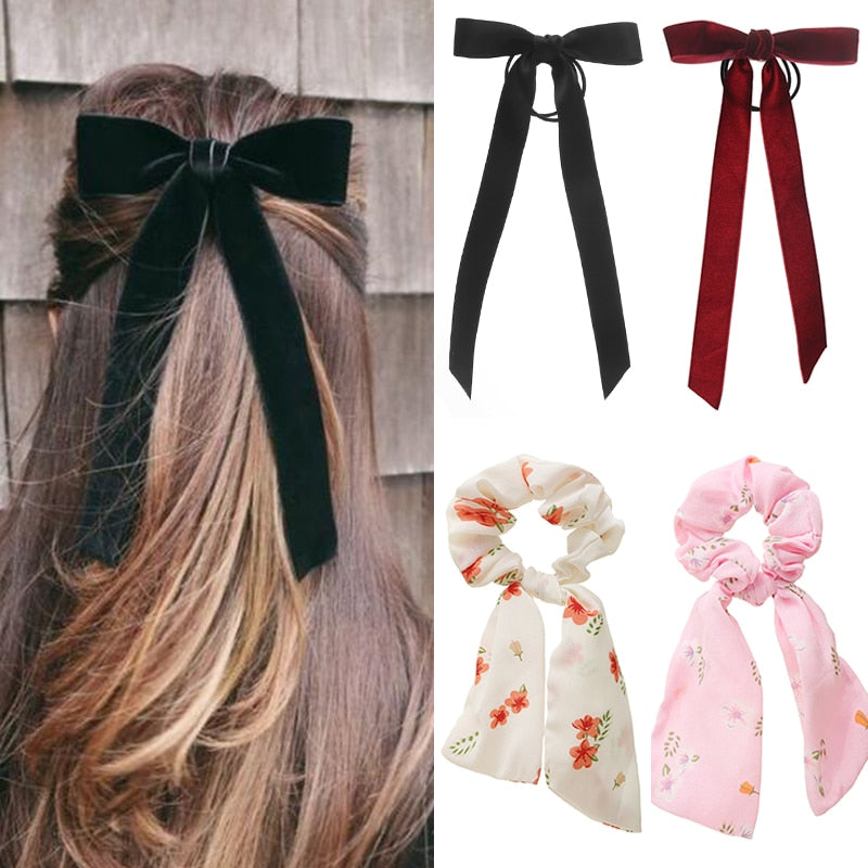 17KM Vintage Black Velvet Bow Elastic Hair Bands For Women Girls Hair Ribbon Scrunchies Hair Tie Headwear Hair Accessories