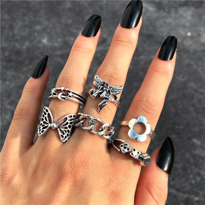 17KM Retro Silver Color Flower Butterfly Skull Rings Set For Women Men Punk Hiphop Animal Angel Wings Finger Rings Gift Jewelry