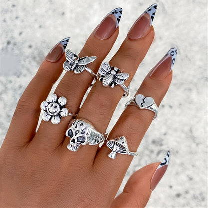 17KM Retro Silver Color Flower Butterfly Skull Rings Set For Women Men Punk Hiphop Animal Angel Wings Finger Rings Gift Jewelry