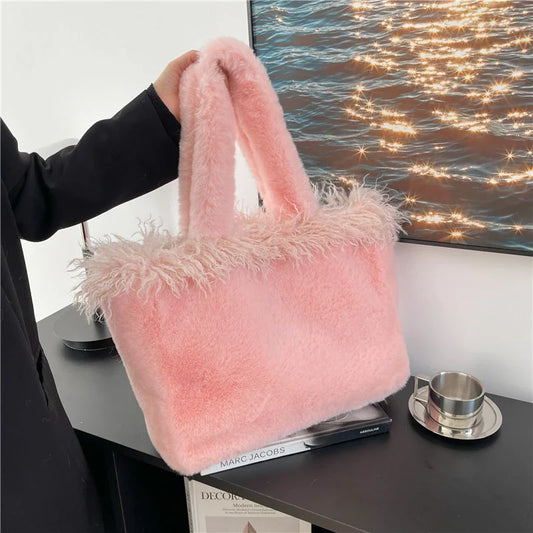 ijili Winter Large Capacity Faux Fur Tote Bag Long Plush Fringe Design Women's Fluffy Warm Handbag Luxury  Soft Travel Shopper Purses