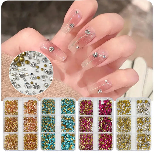 ijili 1 Box Crystal Nail Art Rhinestone White Pink Champagne Pointed Bottom Mixed Shape DIY Nail Art 3D Decoration In 6 Grids Manicure