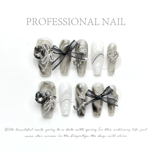 ijili 10pc Detachable Handmade Black Butterfly French Long Coffin Acrylic Press on Nails Ballet Fake Nails with Glue Artificial Nail