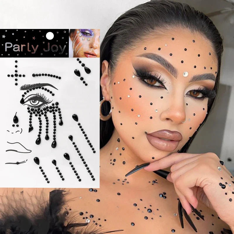 ijili  -  3D Temporary Tattoo Face Jewelry Gems Rhinestone Decoration Party Makeup Body Shining Festival Flash Tattoos Body Art Stickers