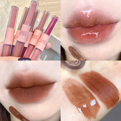 Double Head Matte Mirror Lip Gloss Long Lasting Moisturizing Water Light Sexy Red Brown Tint Liquid Lipstick Lip Makeup Cosmetic