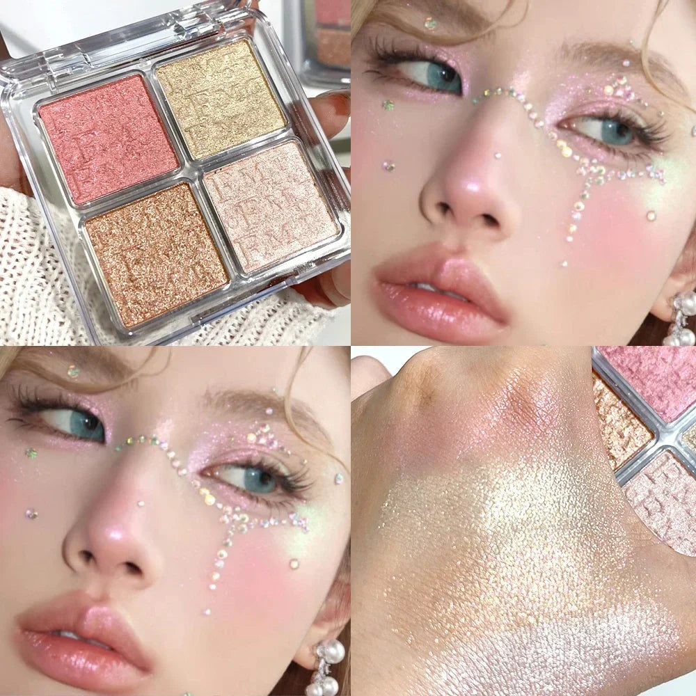 ijili  -  Diamond Pink Highlighter Powder Palette 4 Colors Glow Face Contour Illuminator Shimmer Highlight Eyeshadow Face Makeup Cosmetics