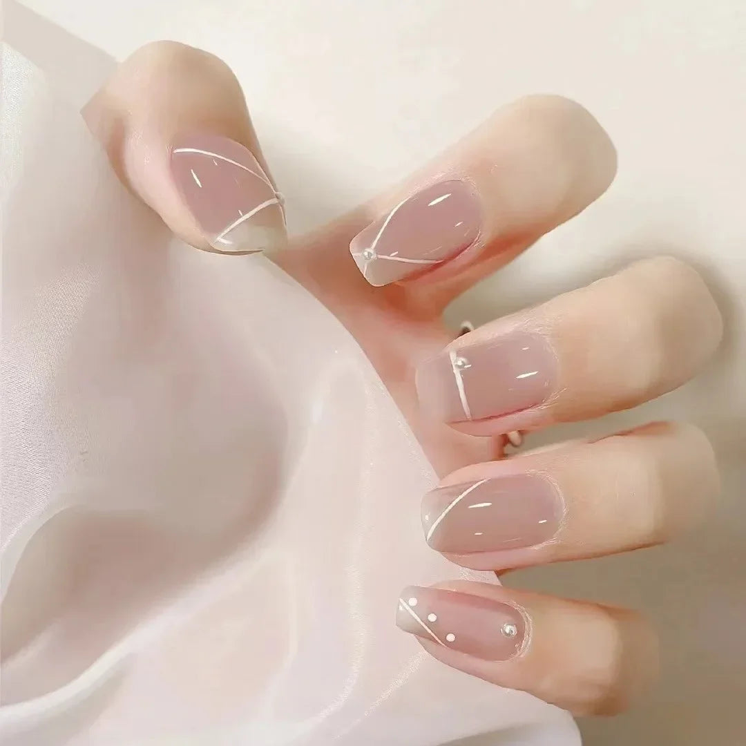 24Pcs Iced Milk Tea Nude False Nails Simple with Glue Ballet French Design Wearable Fake Nails Set Press on Nails Tips Art