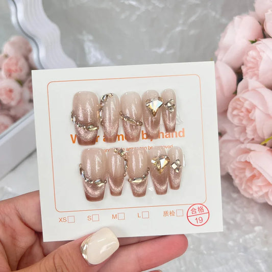 ijili 10Pcs Cat Eye Handmade Press on Nails Gradient French Rhinestone Decoration False Nail Wearable Full Cover Fake Nail Tip Art