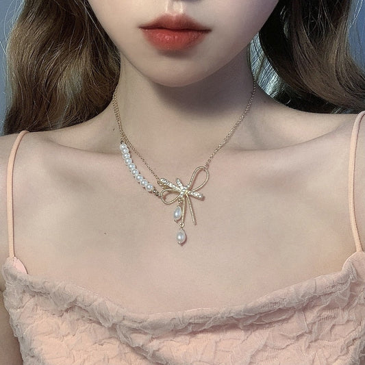 MENGJIQIAO  Korean Fashion Bowknot Rhonestone Double Layer Necklaces For Women Elegant Pearl Pendant Choker Party Jewelry