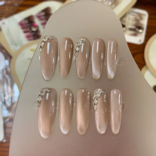 ijili  10pcs detachable pink Crystal Cat Eyes handmade ballet false nails with glue french Manicure Patch acrylic press on nails almond