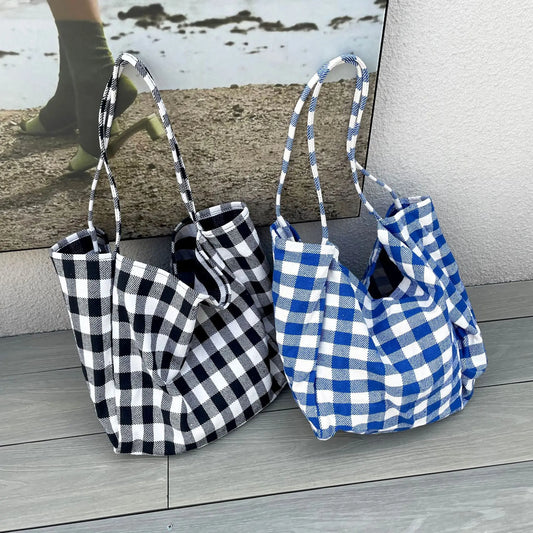 ijili Fashion Women's Canvas Tote Shoulder Large Shopping Bag Plaid Eco Large Capacity Ladies Purse Pouch Girls Student Book Handbags