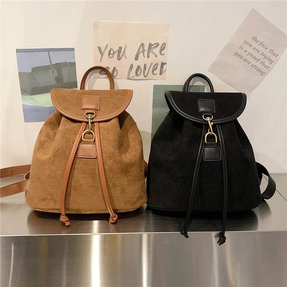 ijili Burminsa Vintage Suede Backpack For Women Trend Designer Anti-theft Travel Bagpack Teenage Girls School Bags Brown Black