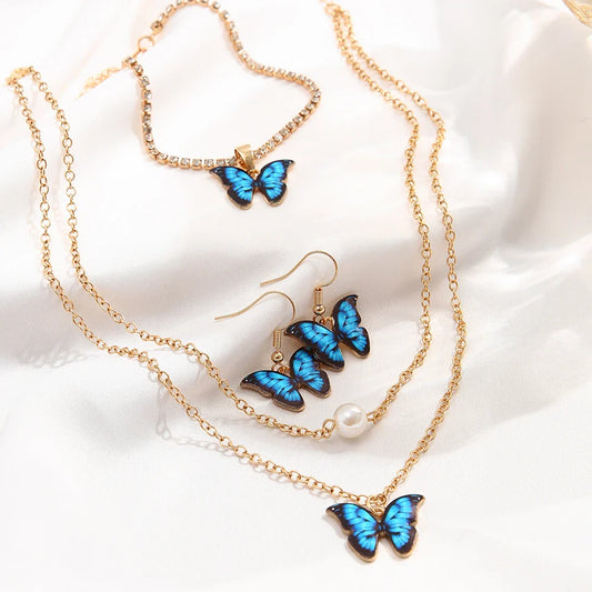 17KM Gold Color Chain Necklace Earrings Blue Butterfly for Women Girls Fashion Minimalist Bracelet New Trend Jewelry Party Gifts