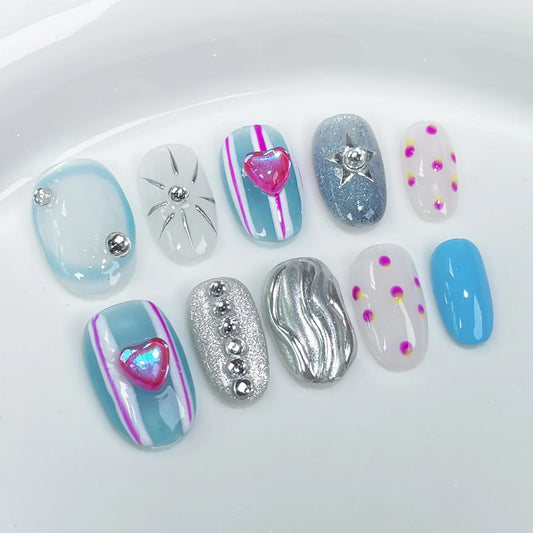 ijili 10PCS Blue Press on Nails Short Round Fake Nails with Glue Y2k Sweet Cool Cute False Nails with Designs Y2k Metal Handmade Nails