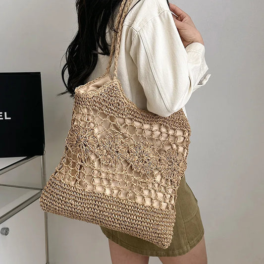 ijili Flowers women Shoulder bags Straw Bucket Crossbody Bags for Women Summer Ladies Trend Sweet Handbags Travel Beach bags