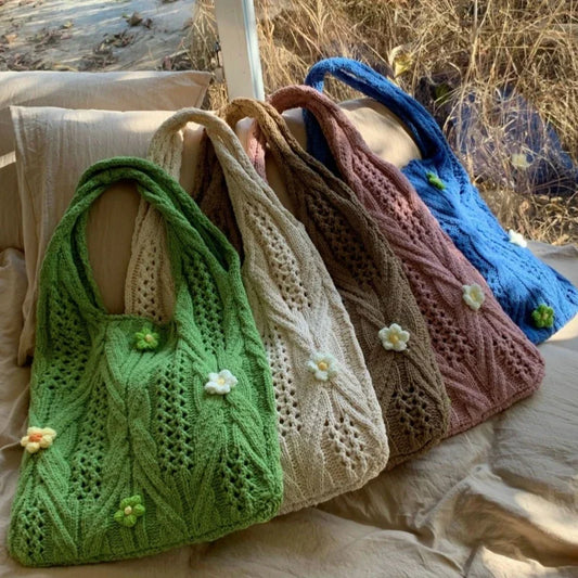 ijili Hand Woven Girl Cute Flower Hollowed Out Shoulder Bag Large Capacity Knit Beach Crochet Shopping Tote Bag Leisure Beach Bag