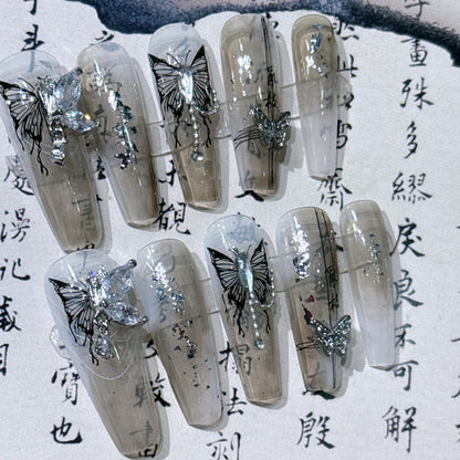 10Pcs Long Butterfly Handmade Press on Nails French Rhinestone Decoration False Nail Coffin Wearable Ballet Fake Nail Tips Art