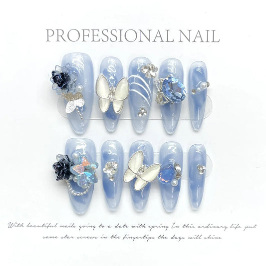 ijili 10Pcs Blue French Y2k Nail Tips Long Ballet Handmade Fake Nail With 3D Fairy Butterfly Diamond Pearl Decoration False Nails Art