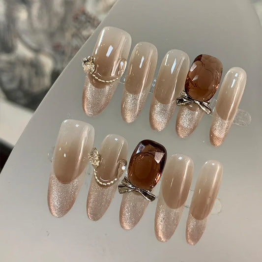 ijili  10Pcs Almond Handmade Ballet Press on Nails French Rhinestone Decoration False Nail Gradient Wearable Simple Fake Nail Tips Art