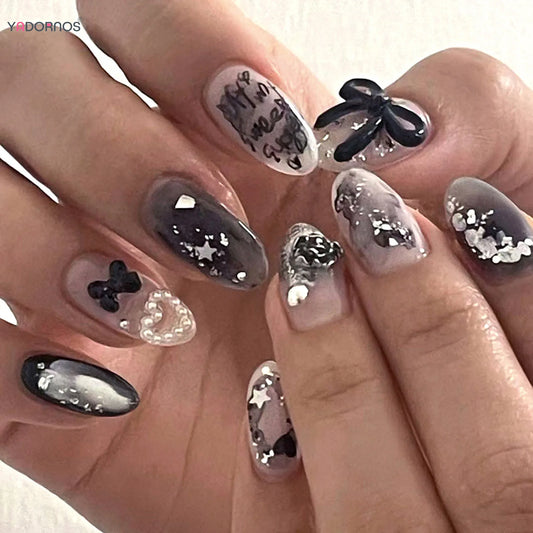 ijili -  Fake Nails Almond Shape Black Gradient 3d Butterfly Stars Love Heart With Sequin Decorations 2024 For Professional Salon Art