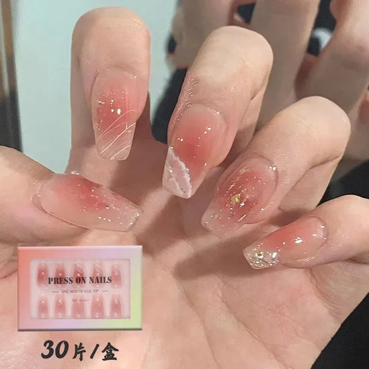 ijili  30pcs/box Pink Fake nails with glue natural blush false nails with designs white gradient cloud gold foil edging press on nails