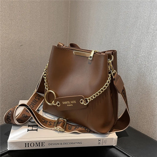 ijili Hifashion Wide Strap Bucket Small Crossbody Bags For Women Trend Vintage Designer Shoulder Bags PU Leather Ladies Handbags